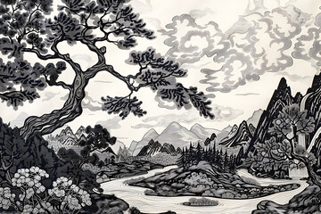 Tranquil Harmony: A Serene Landscape in Meticulous Block Print with Flowing Rivers and Majestic Mountains