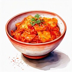 A white bowl filled with spicy kimchi. A watercolor illustration.