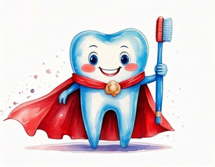 Playful superhero teeth character promoting dental care with a toothbrush.