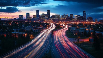 Fototapeta premium Breathtaking Aerial Shot of Interstates in the Heart of a Vibrant City at Night, Glowing with the Light Trails of Moving Cars and Streetlights, Sleek Modern Buildings