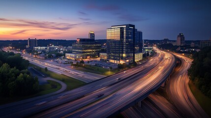 Fototapeta premium Aerial Perspective of Interstates in a Bustling City at Night, Illuminated with Streetlights and Car Trails, Sleek Glass Buildings Reflecting City Lights, Dramatic Cityscape