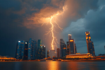 Obraz premium Lightning strike over cityscape at night.