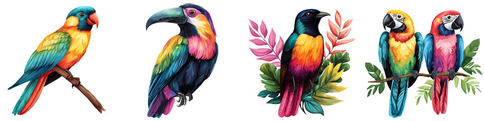 Fototapeta premium Vibrant Colorful Tropical Birds Such as Parrots Toucans and Macaws Perched on Lush Botanical Foliage in an Exotic Jungle or Rainforest Setting Captivating Wildlife and Nature or Graphic Design