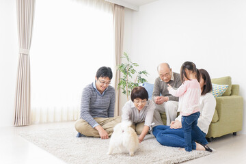家族で犬と遊ぶ幸せな三世代ファミリー