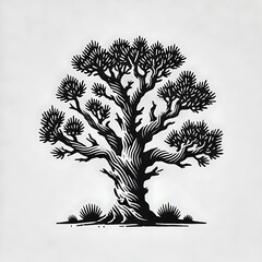 Stylized black tree illustration with intricate details.