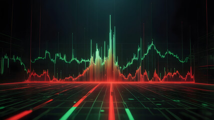 An abstract representation of stock market volatility using red and green candlesticks floating in space, against a black background