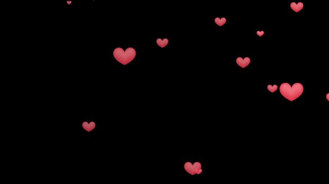 Pink textured heart particles downfall through transparent background. Heart particle effect for digital composition, wedding, love, marriage alliance, anniversary