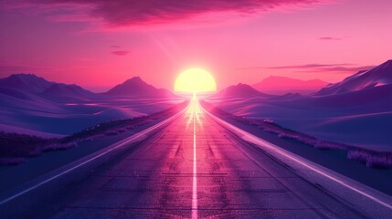 Fototapeta premium Enchanting Sunset Road Through Ethereal Mountain Landscape A mesmerizing digital depicting a winding road leading through a surreal dreamlike mountain scene