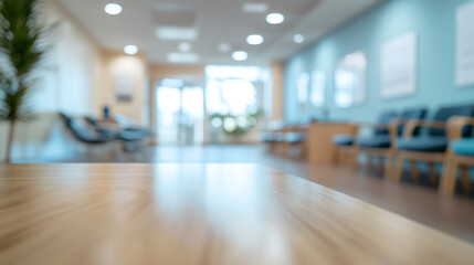 "Sharp Focus on Wooden Tabletop with a Softly Blurred Hospital Waiting Area in the Background, Creating a Calming Reception Atmosphere"  