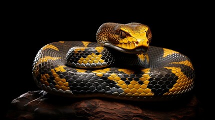 Obraz premium Vibrant snake coiled elegantly on rocky surface in dramatic lighting. Generative AI