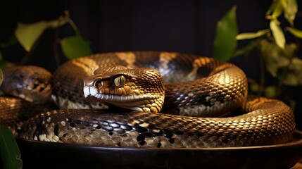 Obraz premium Captivating serpent coiling among lush greenery in a dimly lit habitat. Generative AI