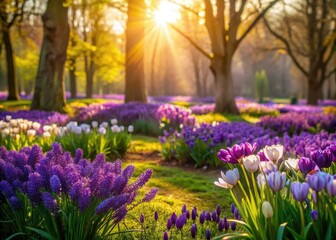 Vibrant purple blooms herald spring's arrival in this gorgeous March garden landscape.