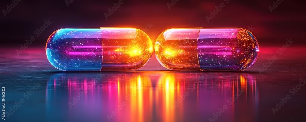 Poster futuristic abstract design of split pill with gradient background