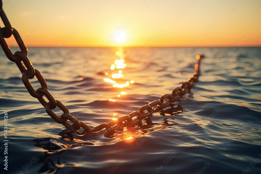 Poster sunset reflections on the shimmering ocean with a chain glimmering in the water. generative ai