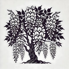 Black and white illustration of a flowering tree.