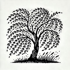 Black and white illustration of a willow tree.