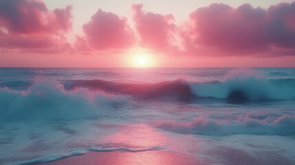 Obraz premium Pink sunset over ocean waves crashing on beach.