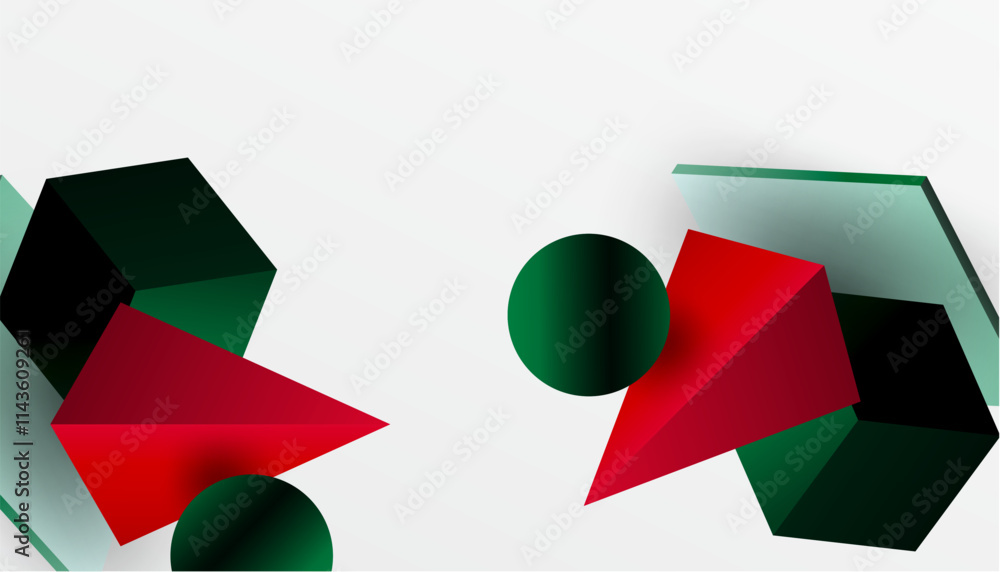 Poster Abstract design showcasing isometric cubes, pyramids, squares, and spheres in a vibrant 3D layout. Modern and dynamic, perfect for tech, design, or futuristic themes