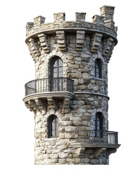 a stone tower with two balconies and windows the tower has a round base and a crenellated top. suggesting a medieval castle or fortress it is isolated against a transparent background