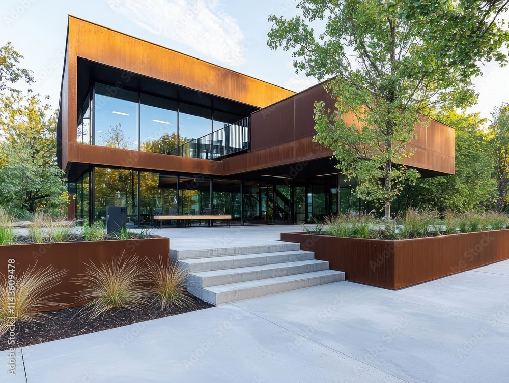 Poster modern office building with outdoor spaces and minimalist design urban setting architecture contempo