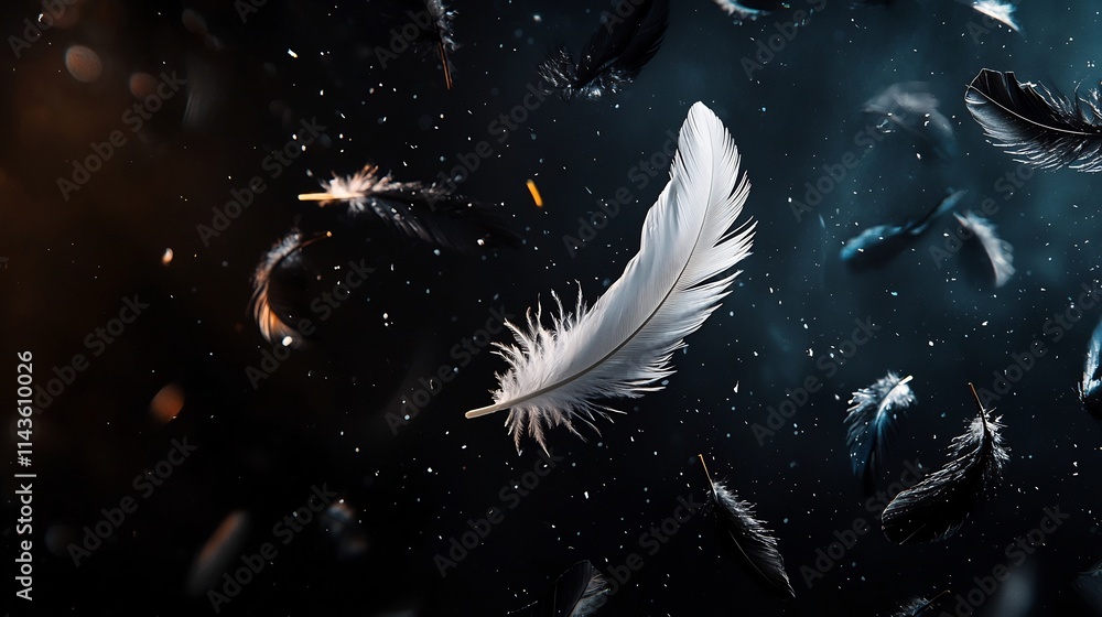 Poster a single white feather elegantly floating within a space filled with dark feathers creating a visual
