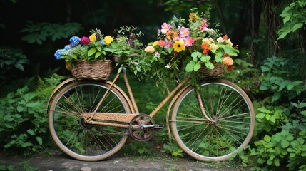 Fototapeta premium A Vintage Bicycle Adorned with Summer Blooms in a Lush Forest Setting