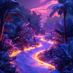 Obraz premium Glowing Tropical Jungle Landscape with Winding River and Cascading Waterfall at Vibrant Sunset Surreal Mystical and Enchanting Digital Artwork with Lush Foliage Palm Trees and Atmospheric Lighting