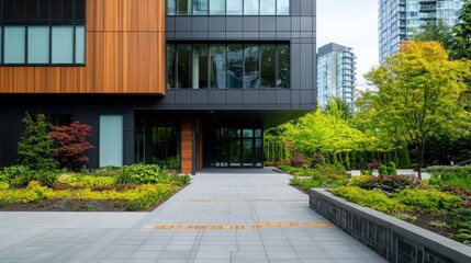 Modern office building exterior urban landscape architecture natural elements contemporary design inviting environment