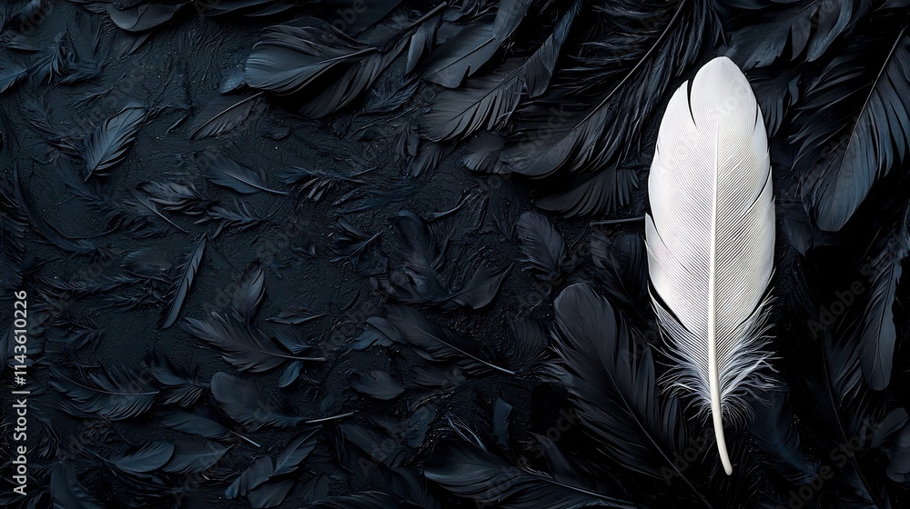 Poster a single white feather elegantly floating in a space filled with dark feathers symbolizing the contr