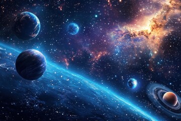 A cosmic panorama with planets, stars, and a nebula in the deep space