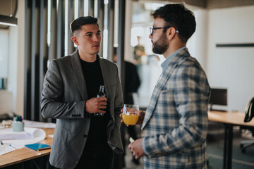 Two diverse business employees engage in a conversation within a modern office. They are analyzing and discussing a project together, showcasing teamwork and collaboration.