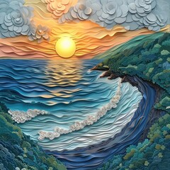 Breathtaking digital art depicting a captivating coastal sunset landscape with crashing waves rugged cliffs and a vibrant ethereal sky