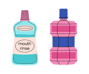 Set of oral hygiene products. Bottles of mouthwash. Teeth cleaning products. Mouth rinse. Colorful vector collection in a flat style isolated on a white background