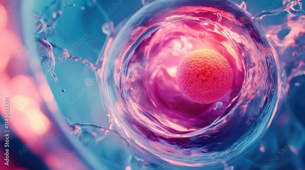 Poster vibrant liquid orb: abstract close-up of a pink sphere submerged in a swirling, neon-blue liquid, cr