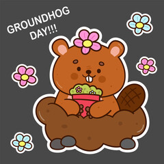 groundhog day with flower pot kawaii animal cute card