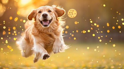 Energetic golden retriever leaps to catch ball in vibrant park