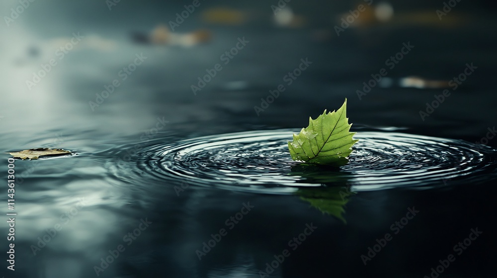 Poster single green leaf gently floating on the calm still surface of a dark pond symbolizing the concepts 