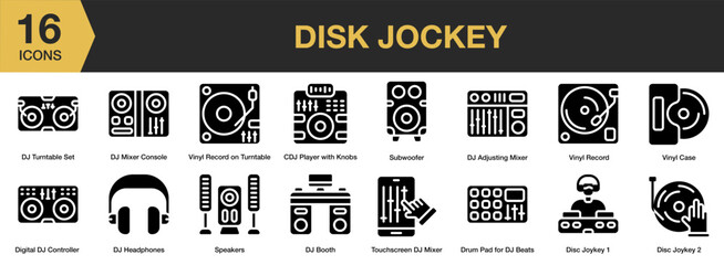 Disk Jockey solid icon set. Includes Audio, Dj, Music, Record, Sound, Turntable, Vinyl, and More. Solid icons vector collection.