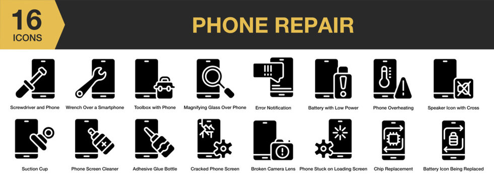 Phone Repair solid icon set. Includes Mobile, Phone, Smartphone, Cellphone, Broken, Screen, Cracked, and More. Solid icons vector collection.