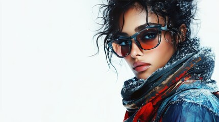 image of a fashion runway with models walking ,a model wearing a winter outfit, on a pure white background.