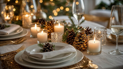 Luxurious and Festive Holiday Dinner Table with Candlelight and Pinecones

