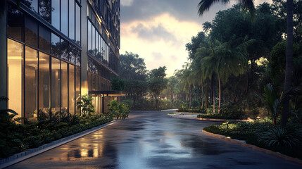 Beautiful and luxury premium modern office glass building,  modern interior architectural glass building, abstract modern showcasing a vibrant cityscape with glass architecture.