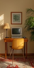 Vintage computer desk with CRT monitor and modern wireless headphones
