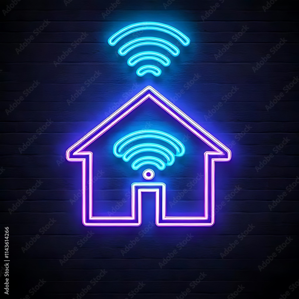 Poster this neon icon depicts a house with a cloud and wifi signal, representing cloud-based smart home con