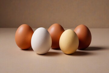 four eggs are lined up in a row on a table