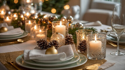 Luxurious and Festive Holiday Dinner Table with Candlelight and Pinecones

