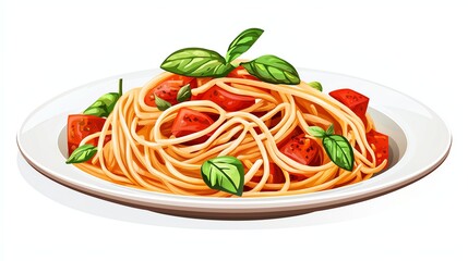 A delicious plate of spaghetti topped with fresh basil and tomatoes, showcasing Italian culinary delights.