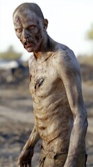Sunlit zombie encounter in abandoned landscape a close-up horror scene
