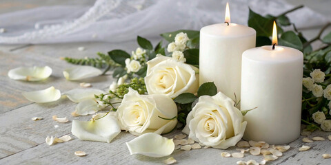 white candle and rose, White candles with roses and flowers petals, funeral memrial, sympathy and condolences wallpaper 
