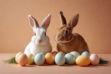 Fototapeta premium there are two rabbits sitting next to each other near some eggs